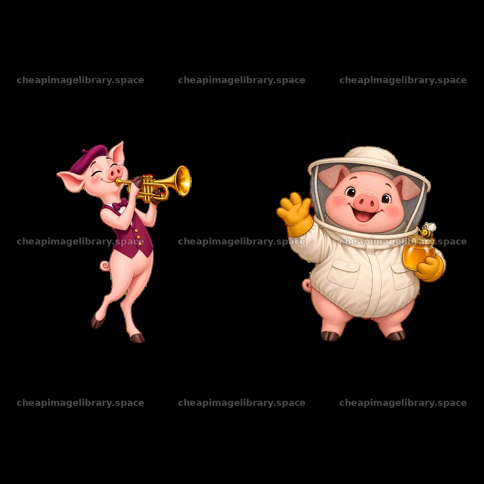 Musical pig playing trumpet with another pig in beekeeping suit – image library 7746x7746