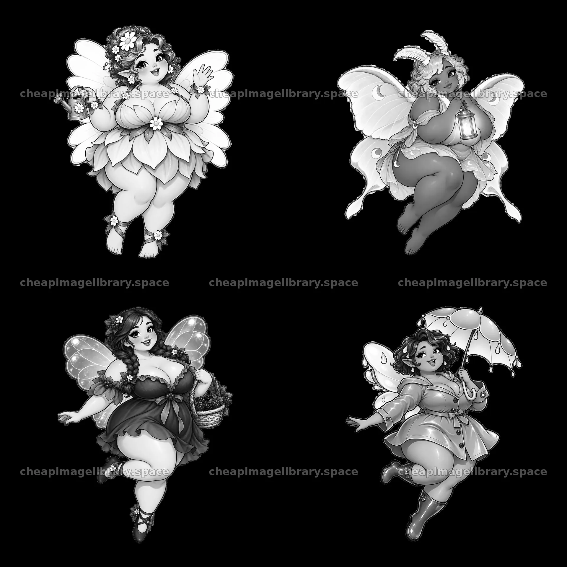 Kawaii ultra-fat fairies with unique accessories in a 2x2 layout – image library 7746x7746