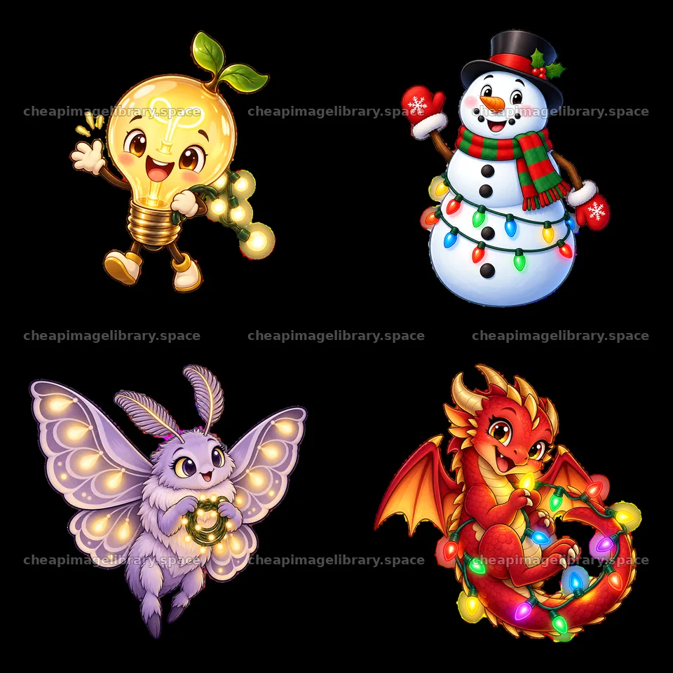 Cartoon stickers featuring holiday characters with string lights – image library 7746x7746