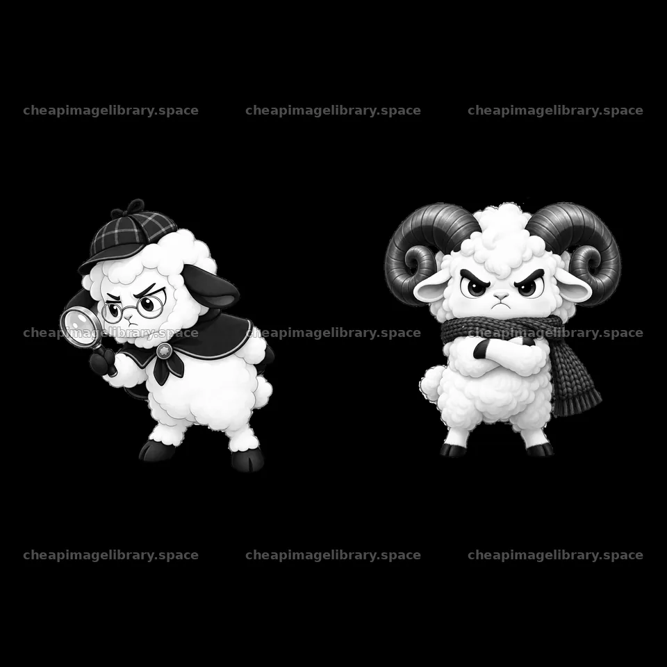 Kawaii grumpy sheep characters in detective and confident poses – image library 7746x7746