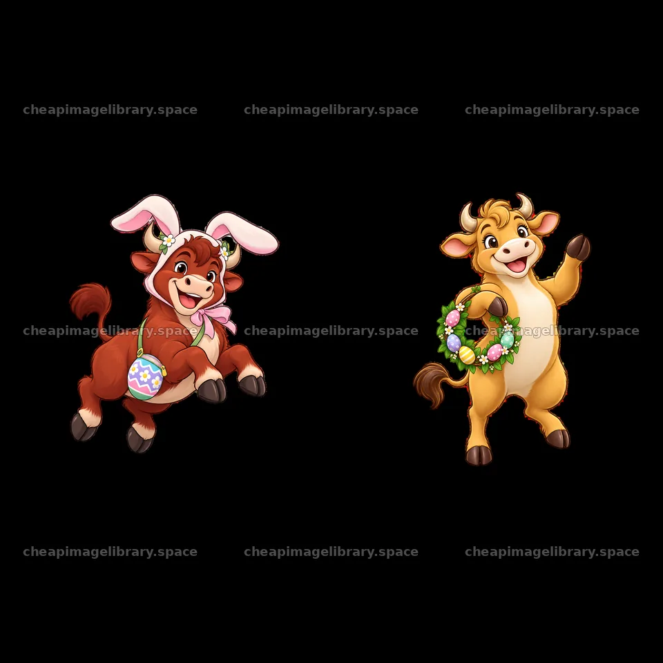 Easter ox characters with bunny ears and floral wreath – image library 7746x7746