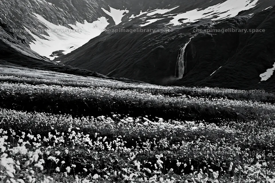 Mountain flower meadow with waterfall in black and white – image library 9722x6480