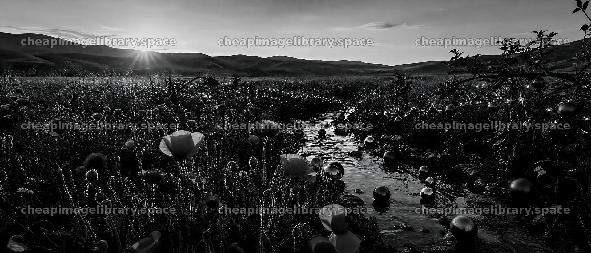 Christmas ornaments along stream in meadow at sunset – image library 12124x5196