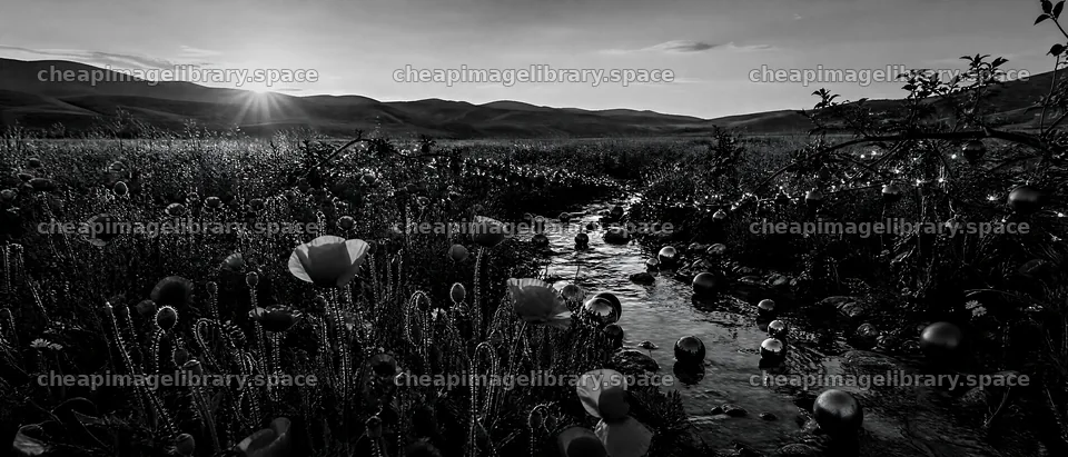Christmas ornaments along stream in meadow at sunset – image library 12124x5196