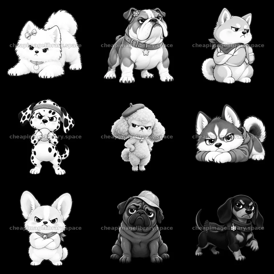 Kawaii grumpy dog characters in a 3x3 layout – image library 7746x7746