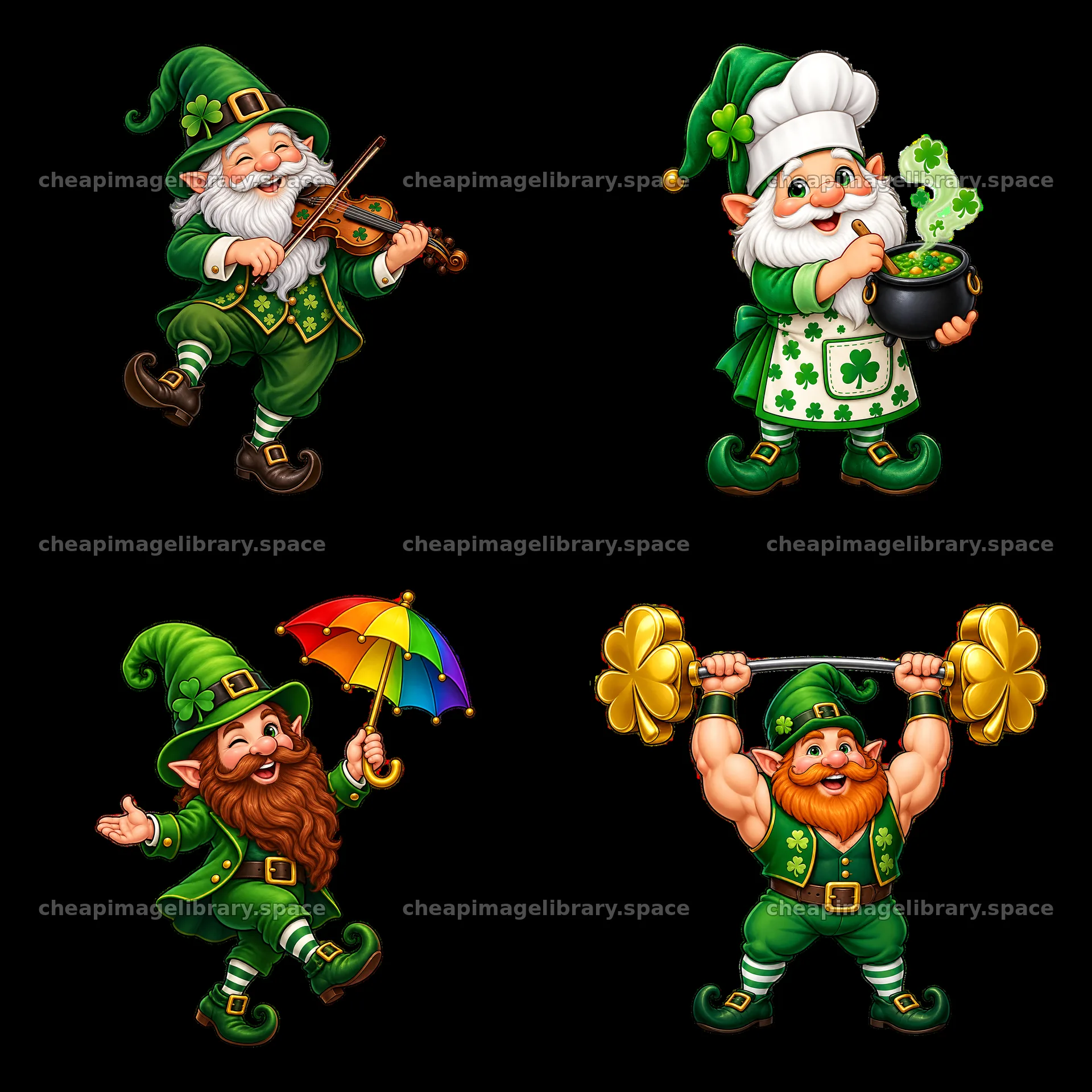 St. Patrick's Day gnomes playing music, cooking, and lifting weights – image library 7746x7746