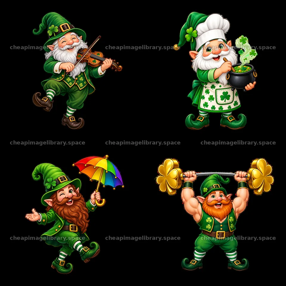 St. Patrick's Day gnomes playing music, cooking, and lifting weights – image library 7746x7746