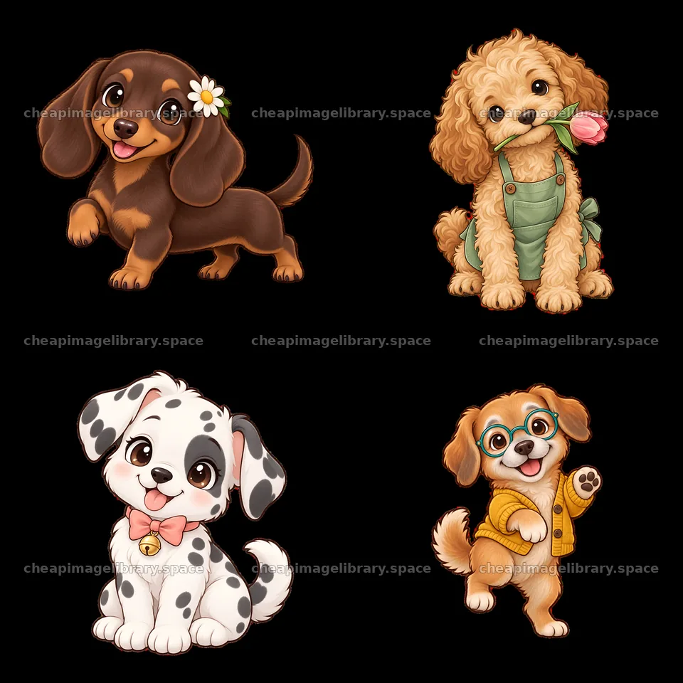Cute dog stickers in a 2x2 layout with playful poses – image library 7746x7746