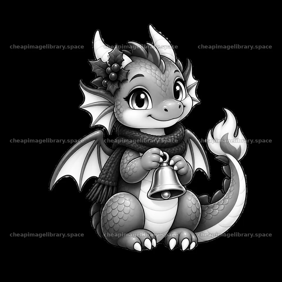 Cute dragon character holding a bell near a Christmas fireplace – image library 7746x7746