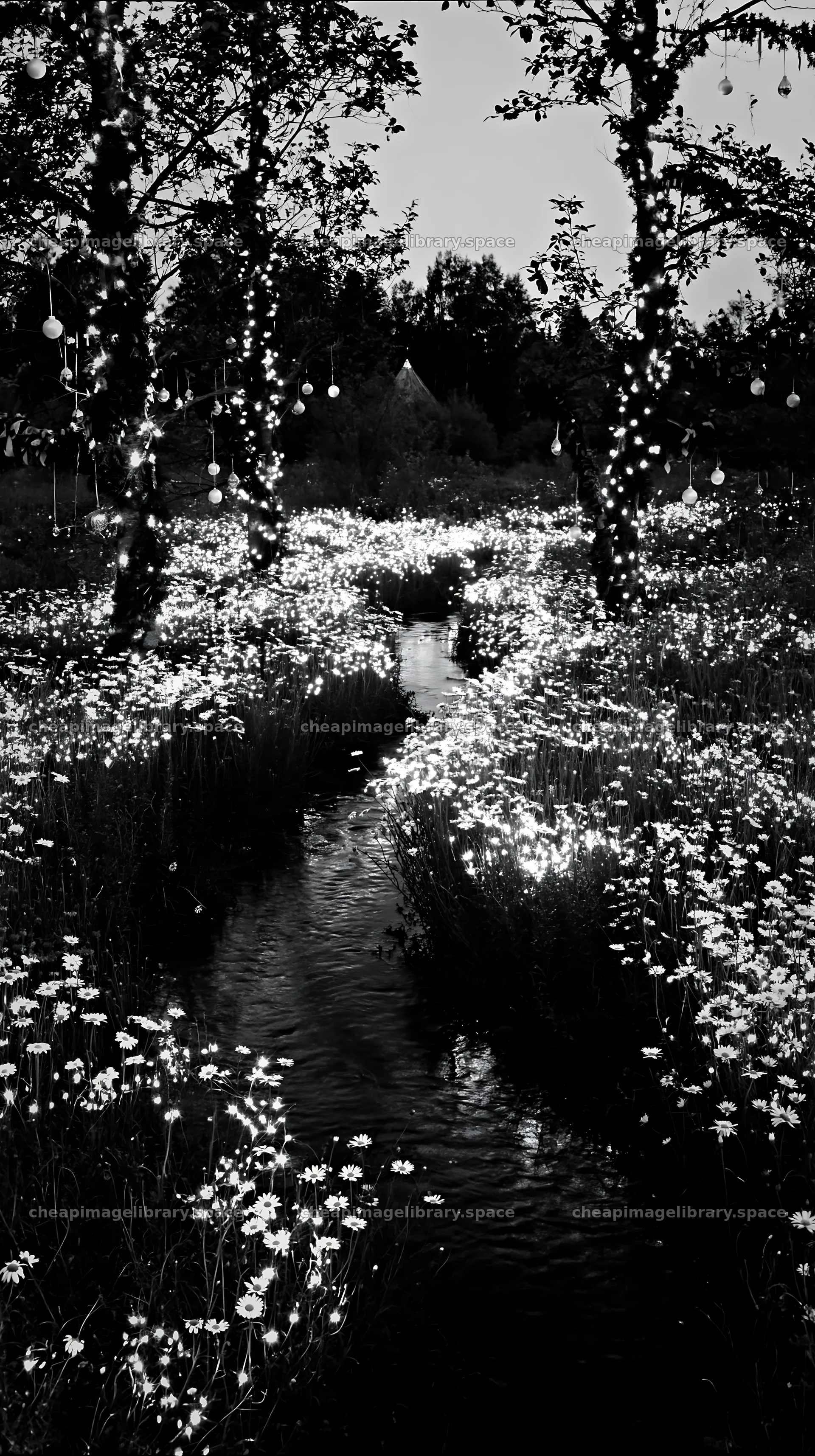 Christmas lights beside stream in meadow at dusk – image library 5938x10608