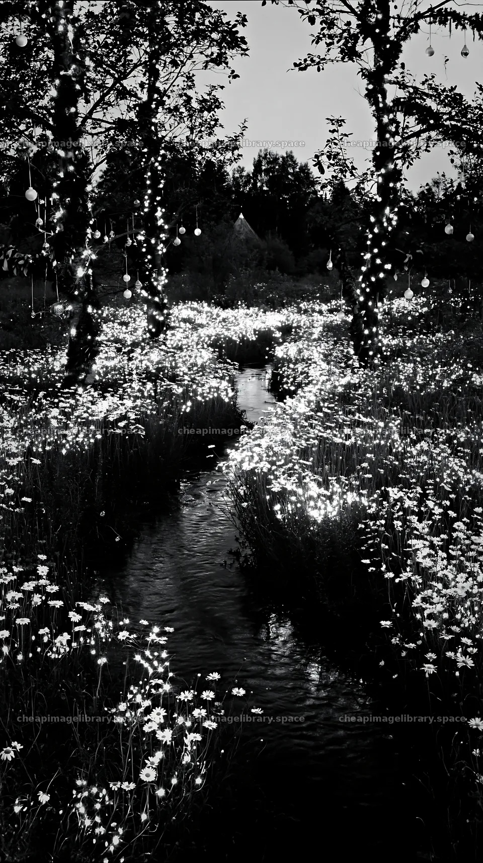 Christmas lights beside stream in meadow at dusk – image library 5938x10608