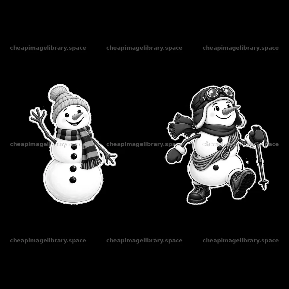 Snowmen with scarves and hats preparing for winter activities – image library 7746x7746