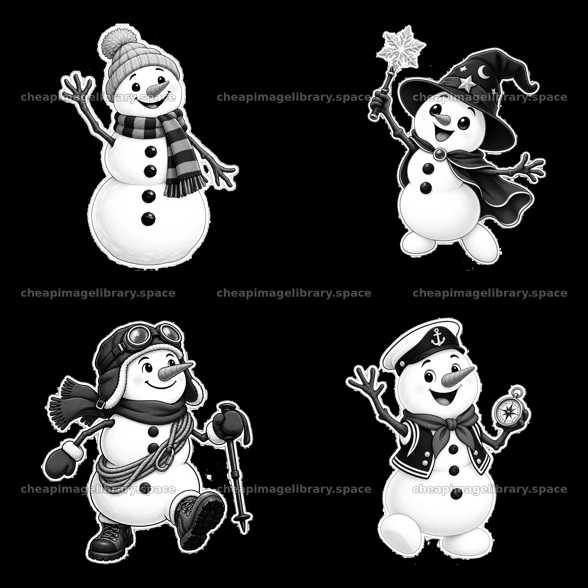 Four cartoon snowmen in various outfits and accessories – image library 7746x7746