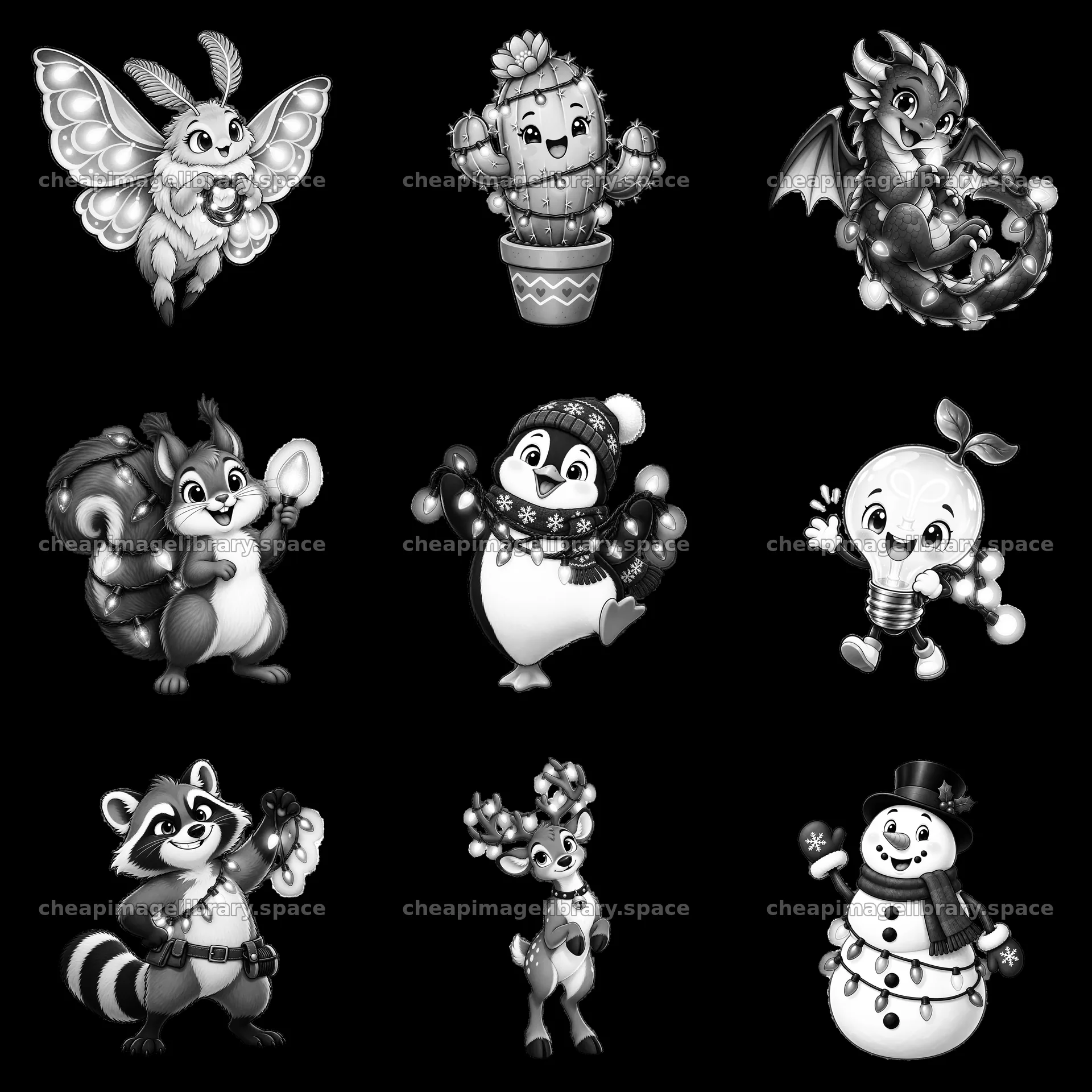 Cute cartoon characters with string lights in a 3x3 grid – image library 7746x7746