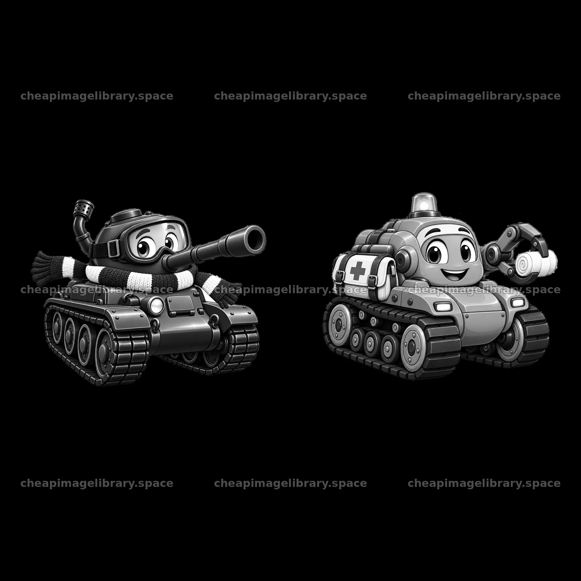 Two cartoon tanks with accessories on a neutral background – image library 7746x7746