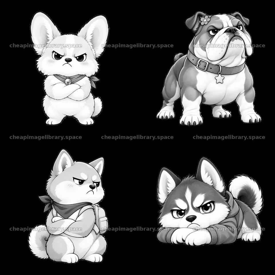 Grumpy cartoon dog characters in a 2x2 layout – image library 7746x7746