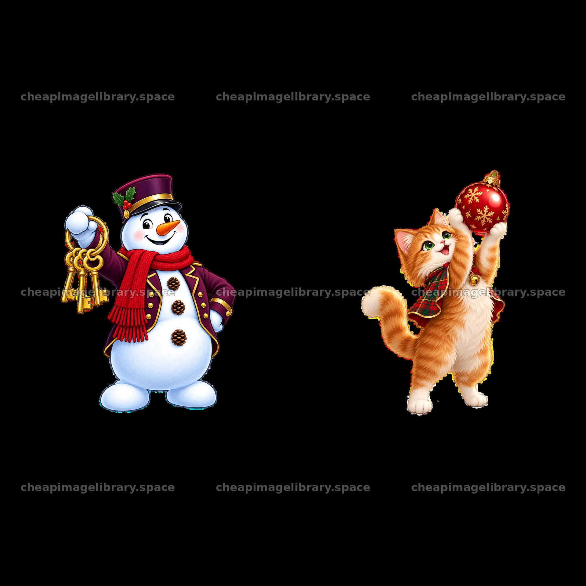 Snowman with keys and ginger cat holding ornament for Christmas – image library 7746x7746