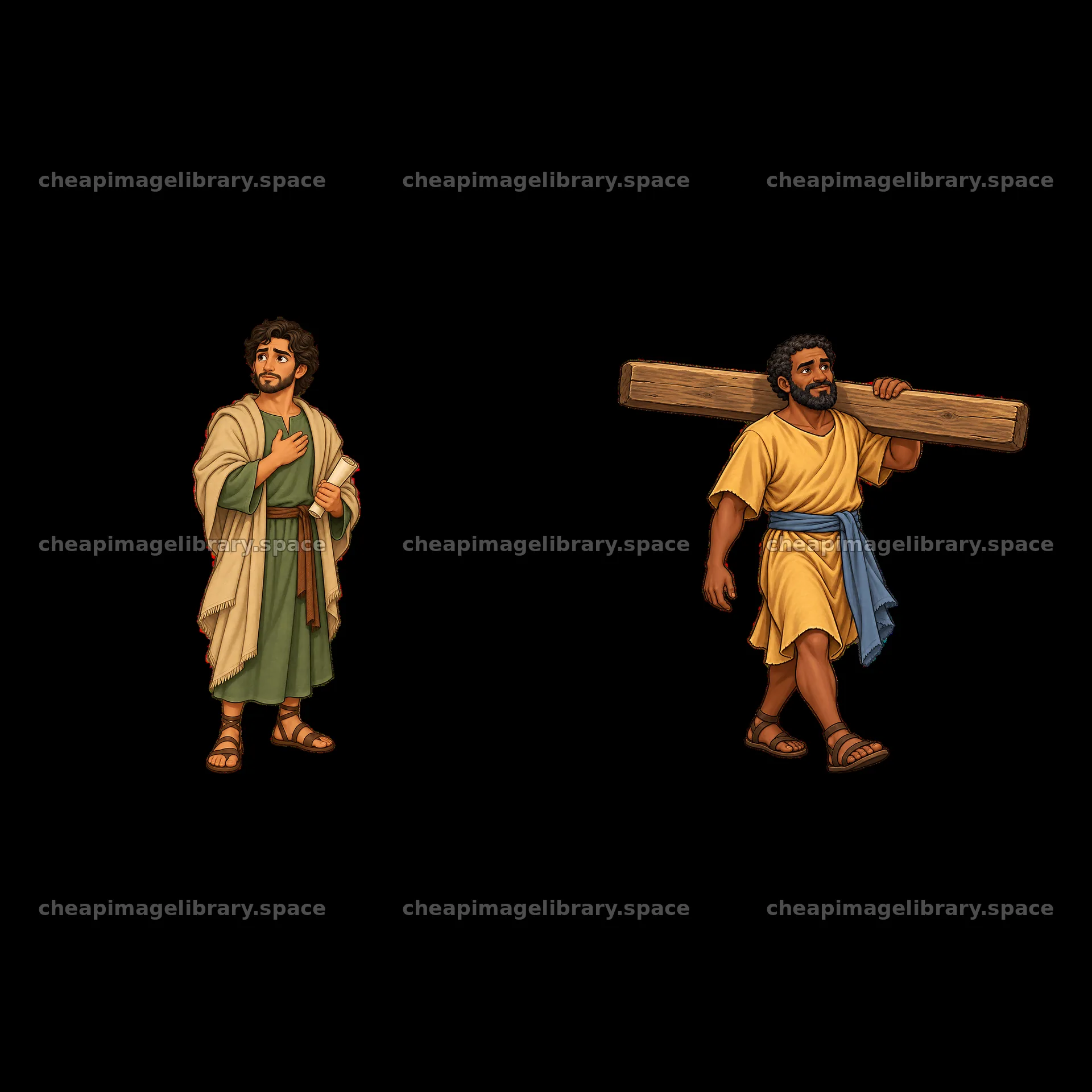 Jesus being carried on the cross by a follower in a cartoon style – image library 7746x7746