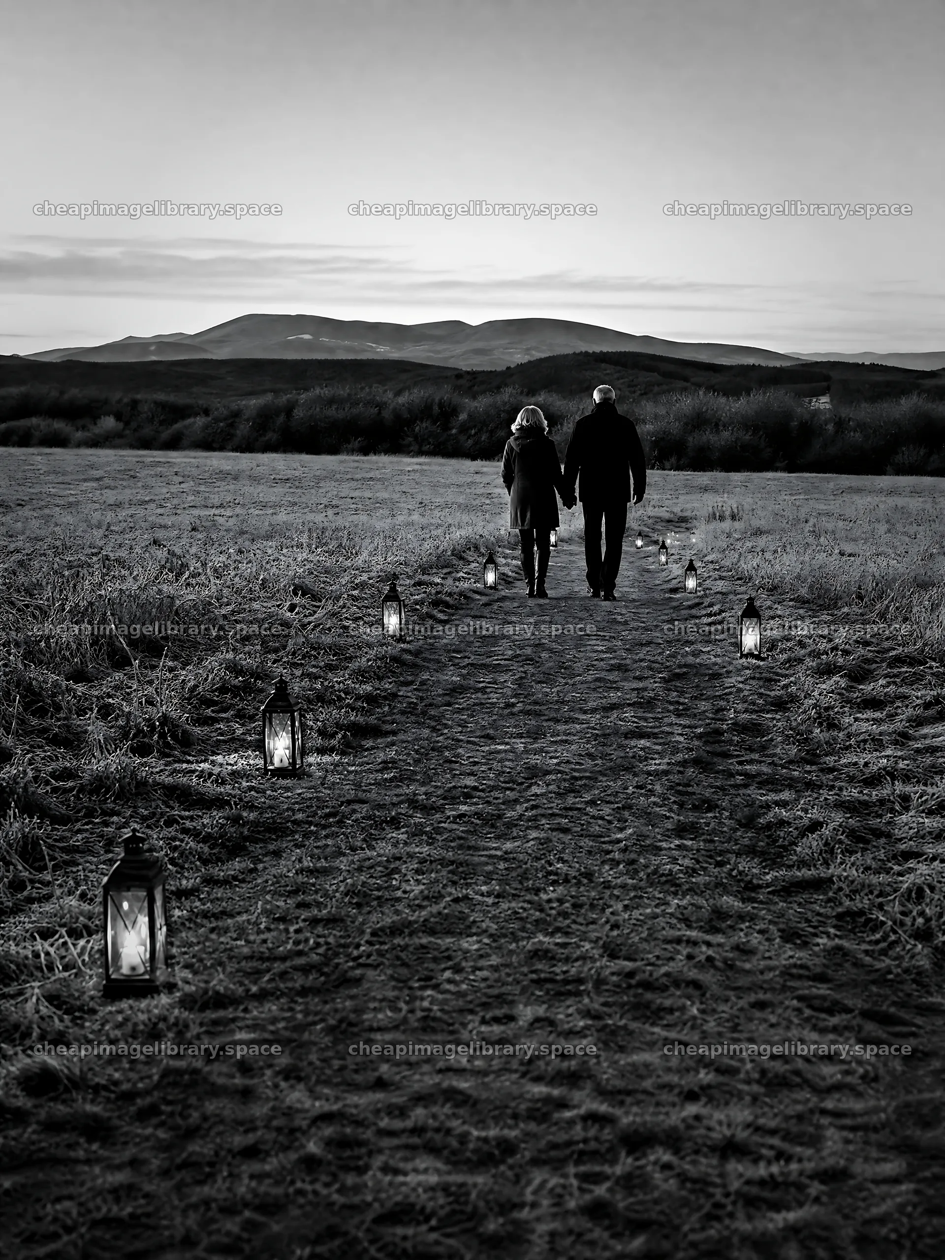 Couple walking on a path with lanterns in an evening meadow – image library 6874x9166