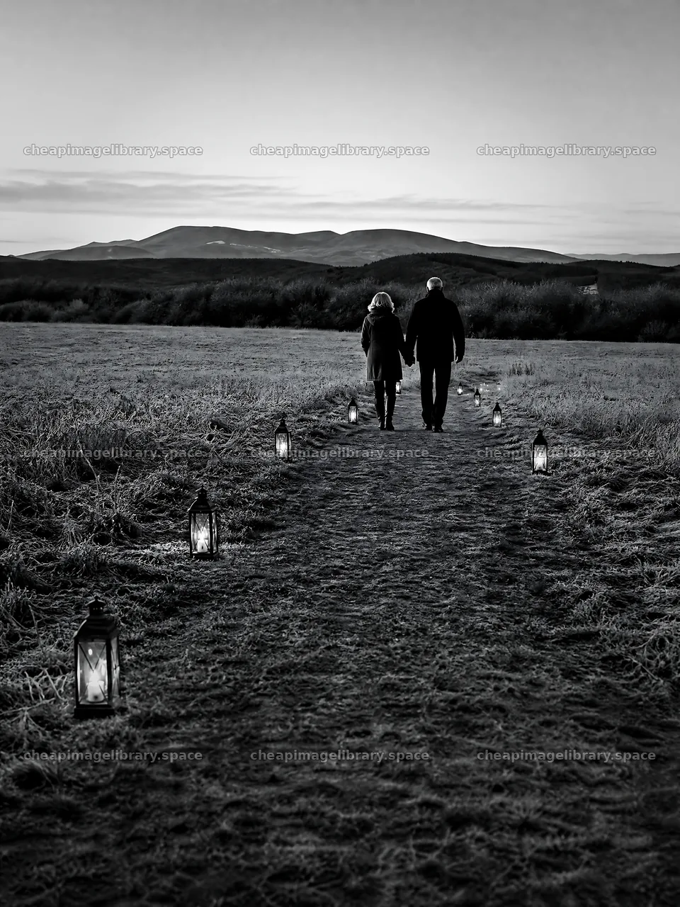 Couple walking on a path with lanterns in an evening meadow – image library 6874x9166