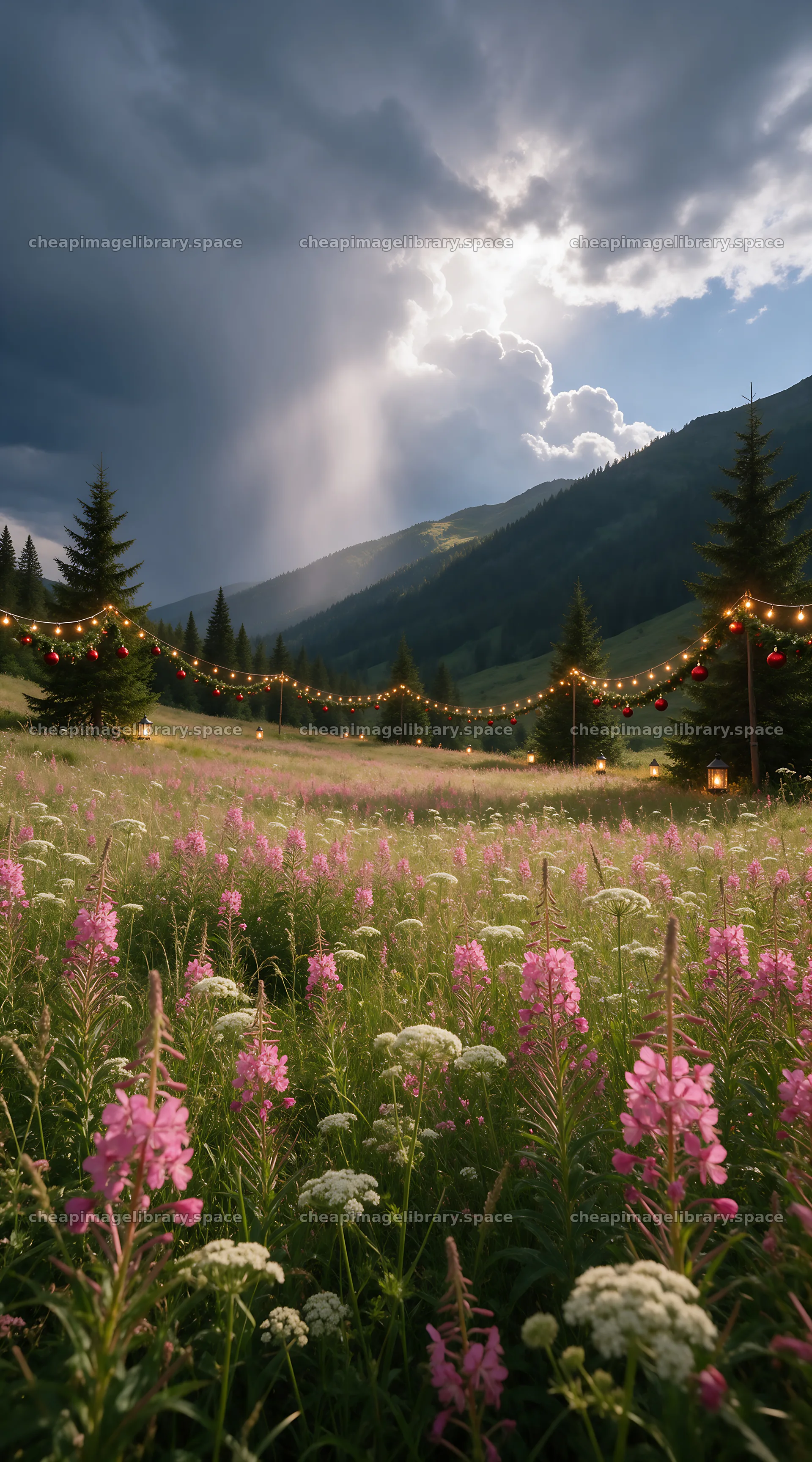 Christmas lights in mountain valley meadow – image library 5916x10648