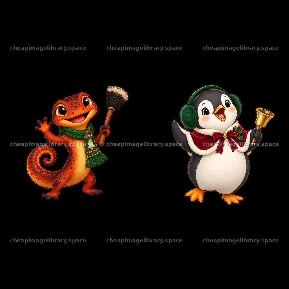 Cheerful gecko and penguin celebrating Christmas by the fireplace – image library 7746x7746