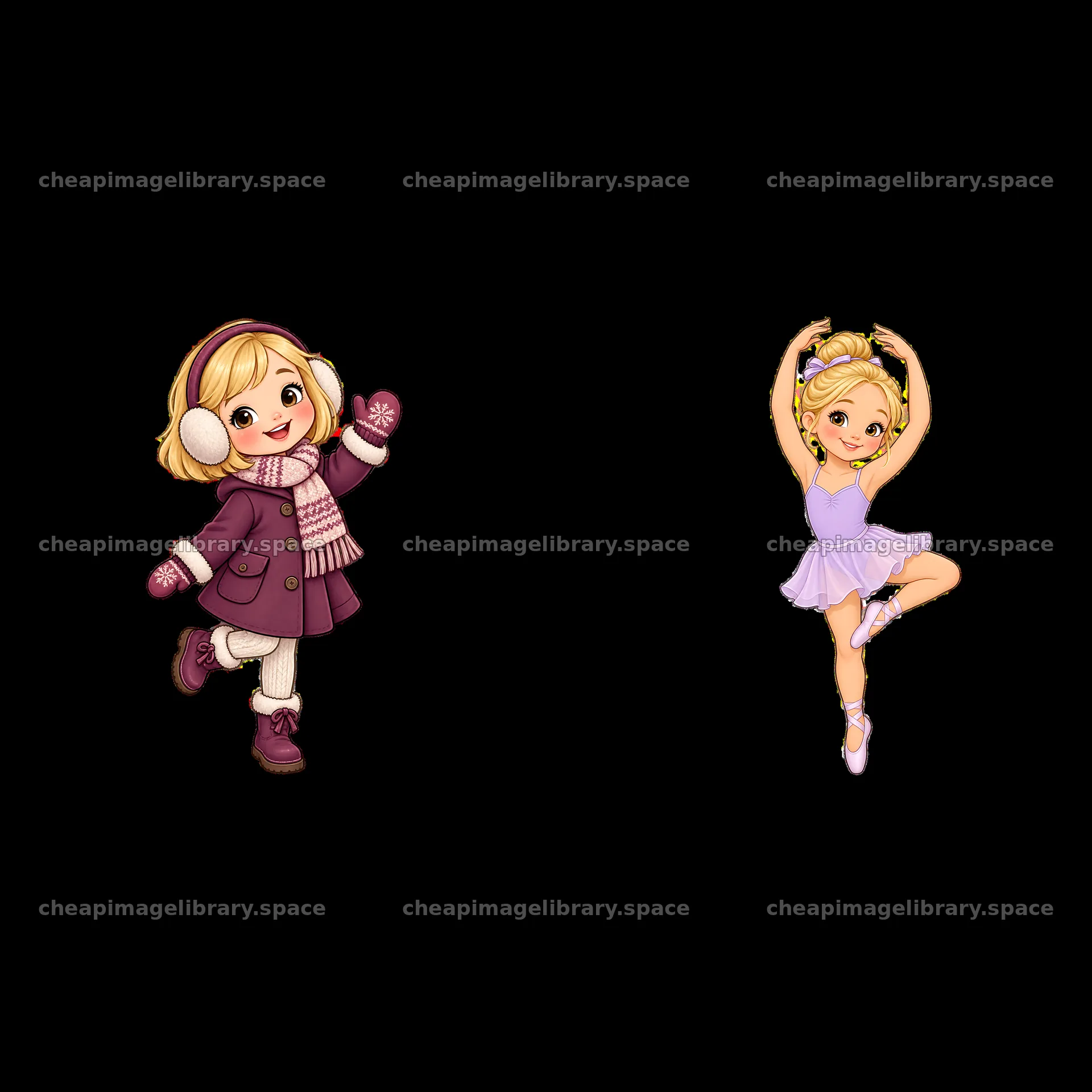 Blond child in winter outfit and ballet costume illustration – image library 7746x7746