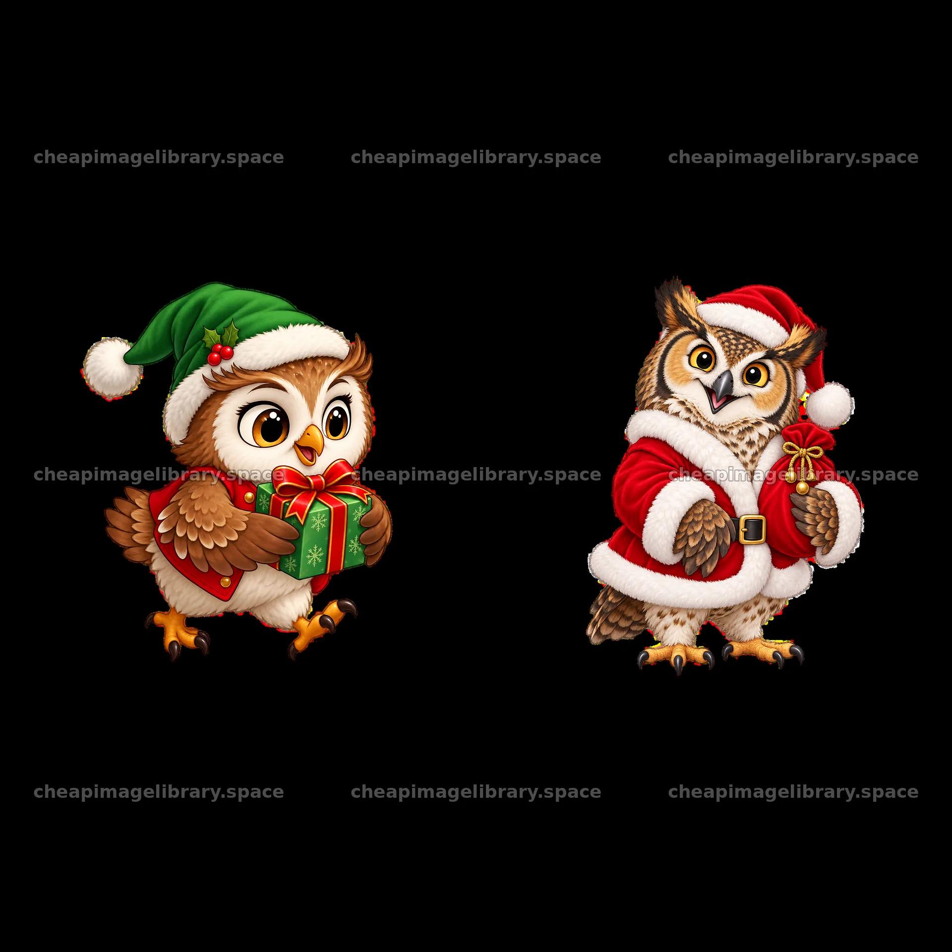 Christmas owls in holiday hats with gifts and decorations – image library 7746x7746