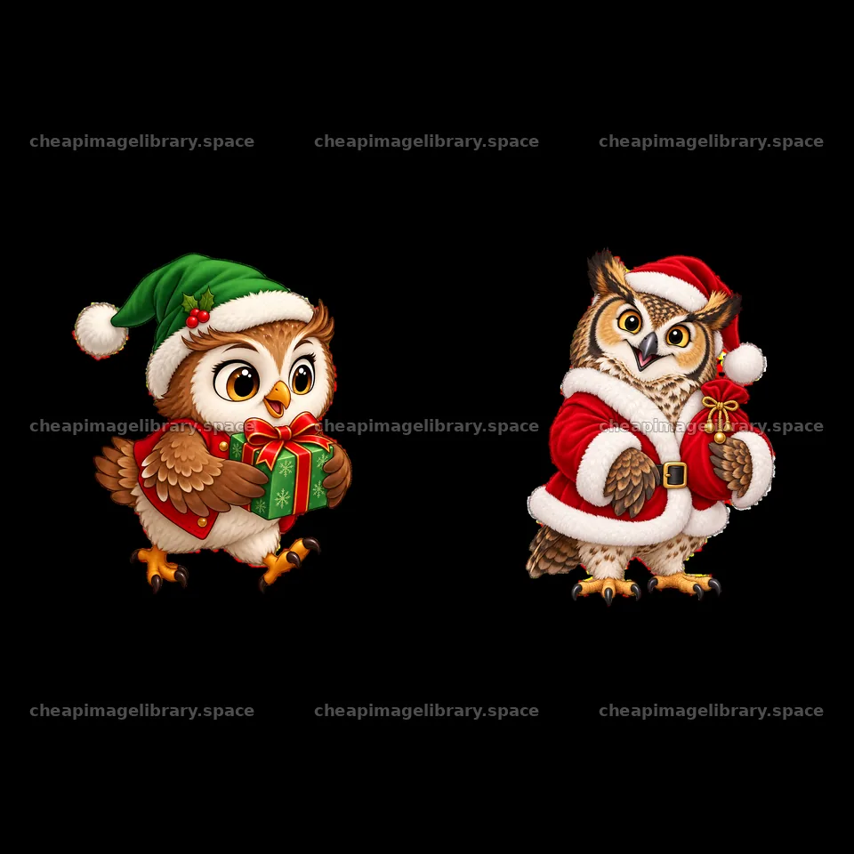 Christmas owls in holiday hats with gifts and decorations – image library 7746x7746