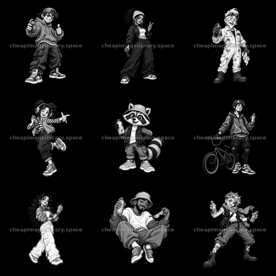 Cool graffiti sprayers showing unique poses and styles in a grid – image library 7746x7746