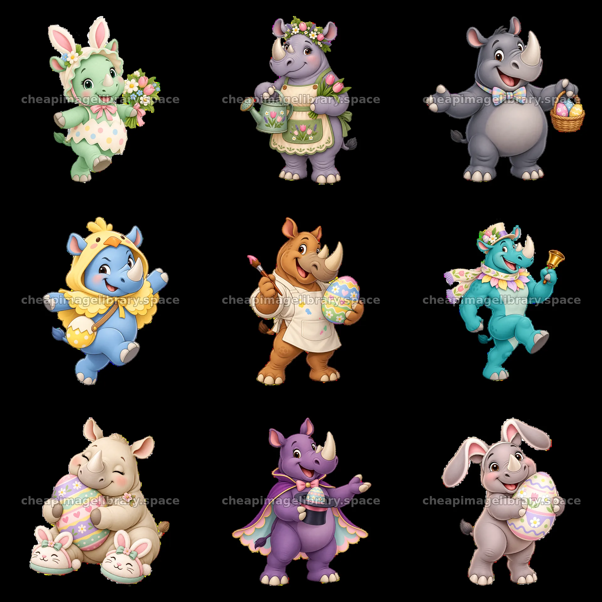 Easter themed rhinoceroses and animals in a grid layout – image library 7746x7746