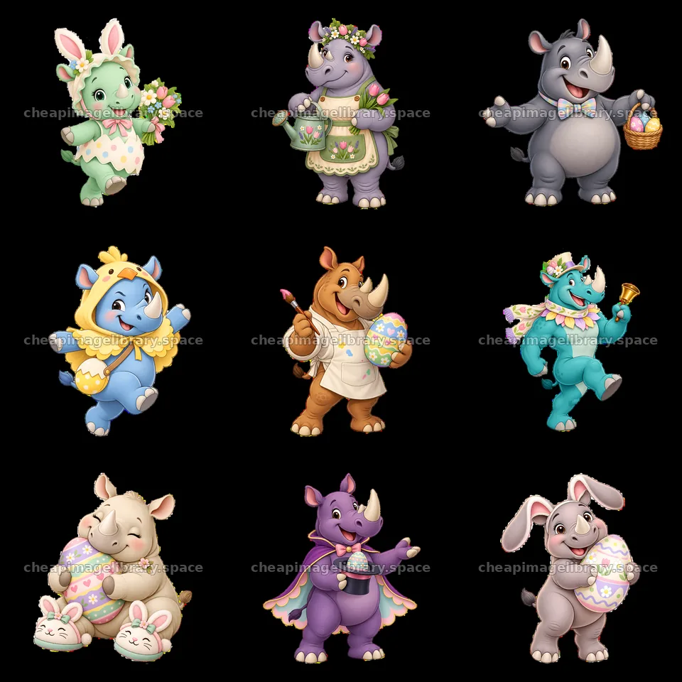 Easter themed rhinoceroses and animals in a grid layout – image library 7746x7746