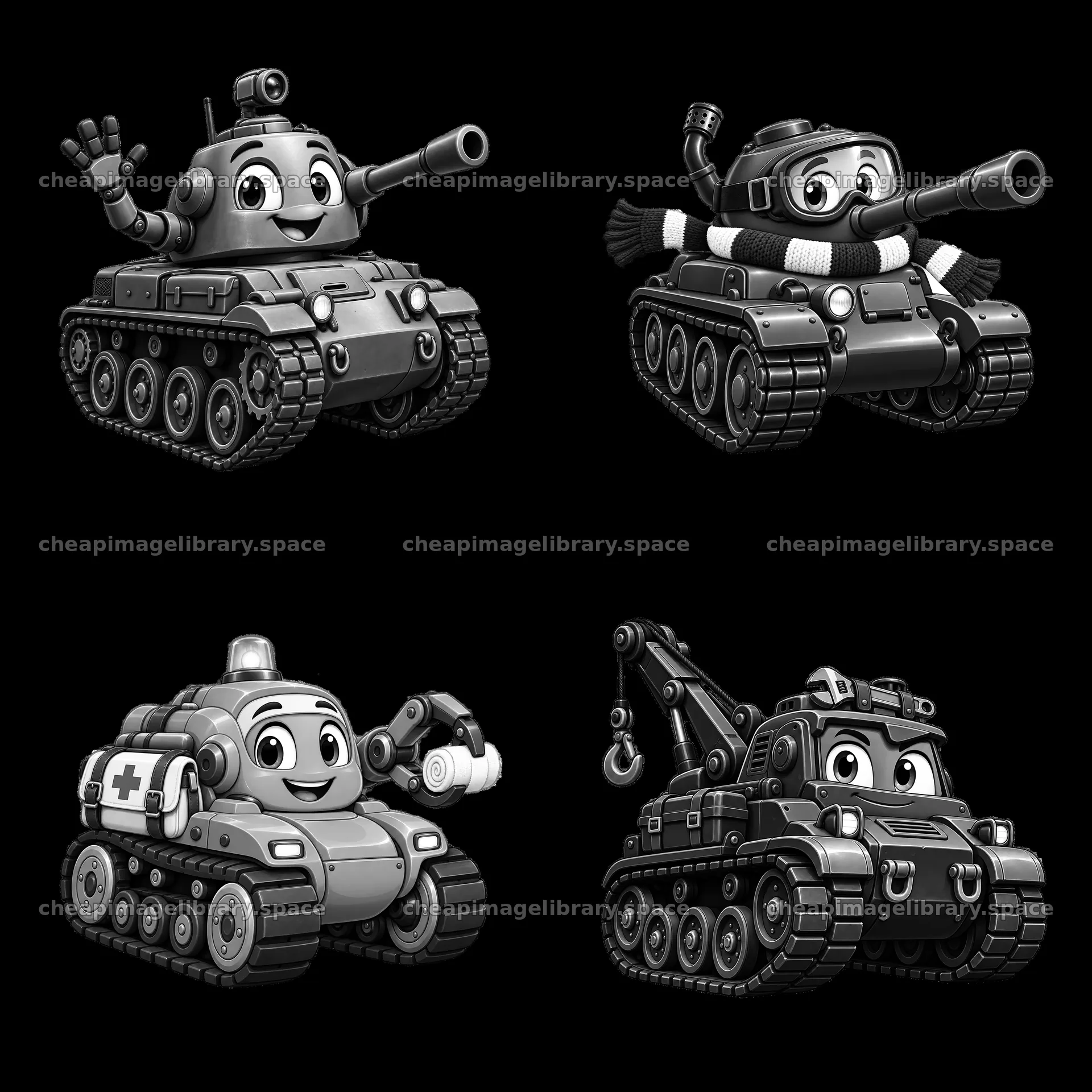 Cartoon tanks with faces in a 2x2 arrangement – image library 7746x7746
