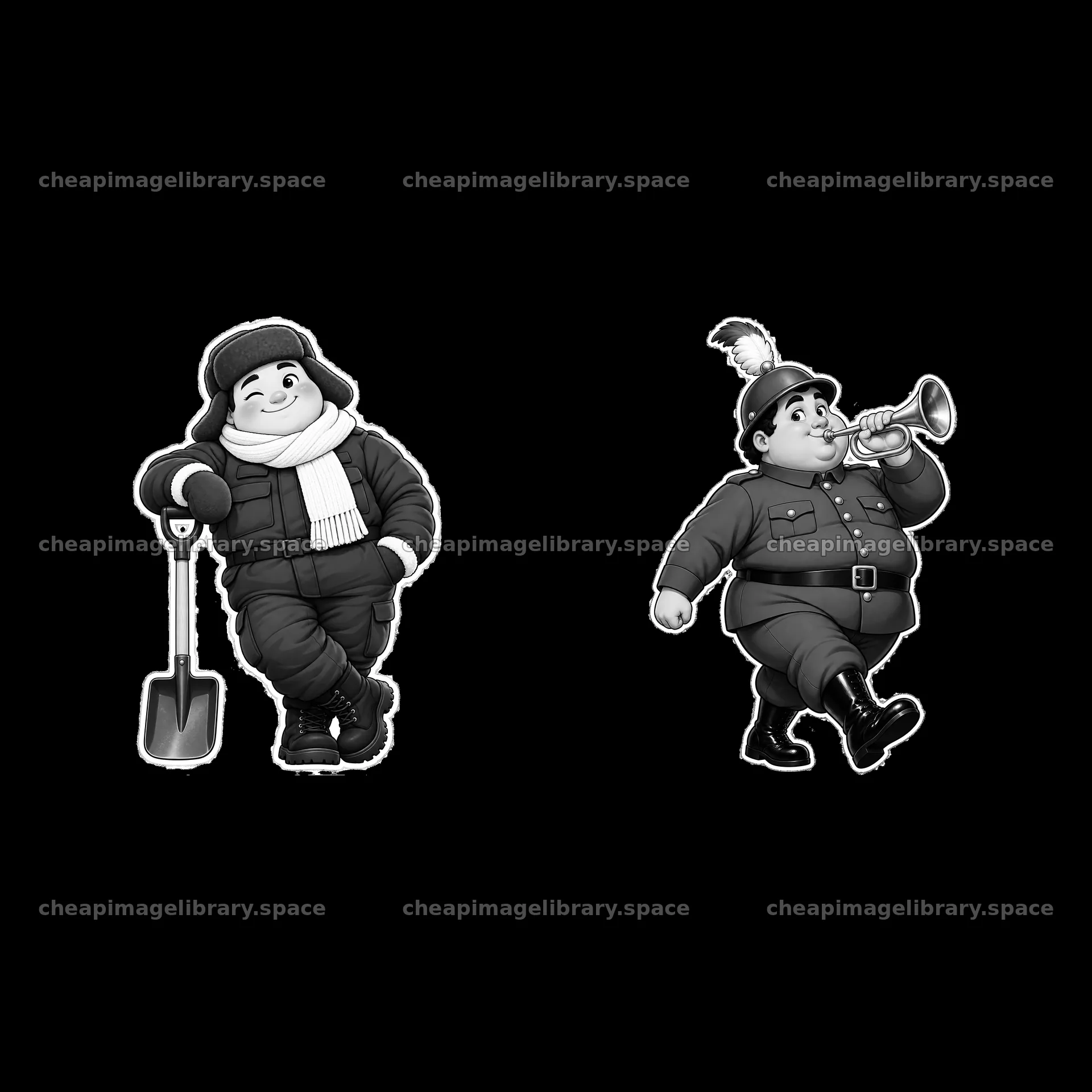 Chubby soldier character with shovel and musician blowing horn – image library 7746x7746
