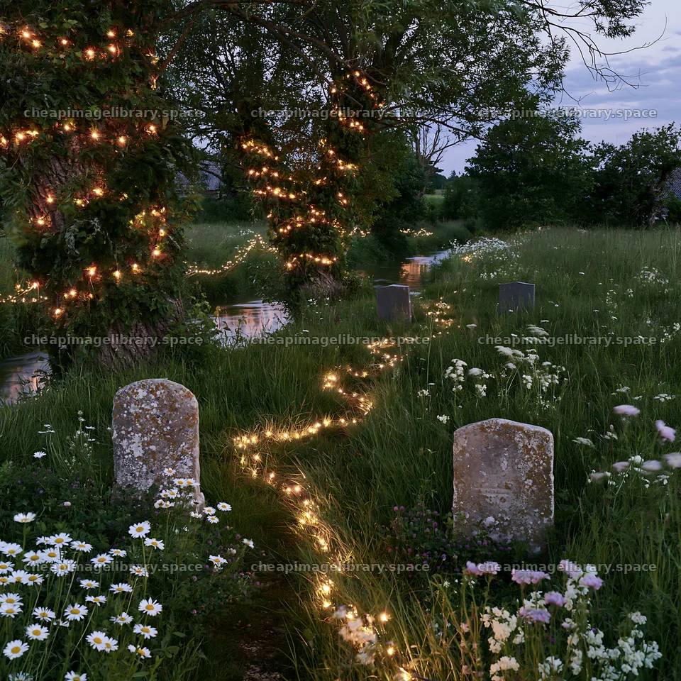 Christmas lights beside stream in meadow at dusk – image library 7938x7938