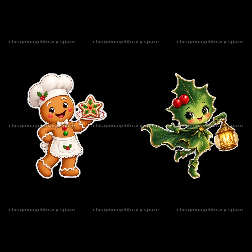 Gingerbread man with star cookie and holly fairy holding lantern – image library 7746x7746