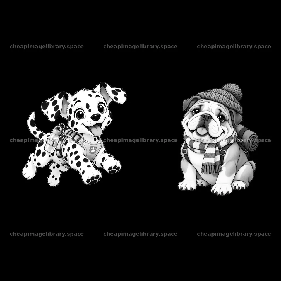 Cute cartoon dalmatian puppy and bulldog in playful pose – image library 7746x7746