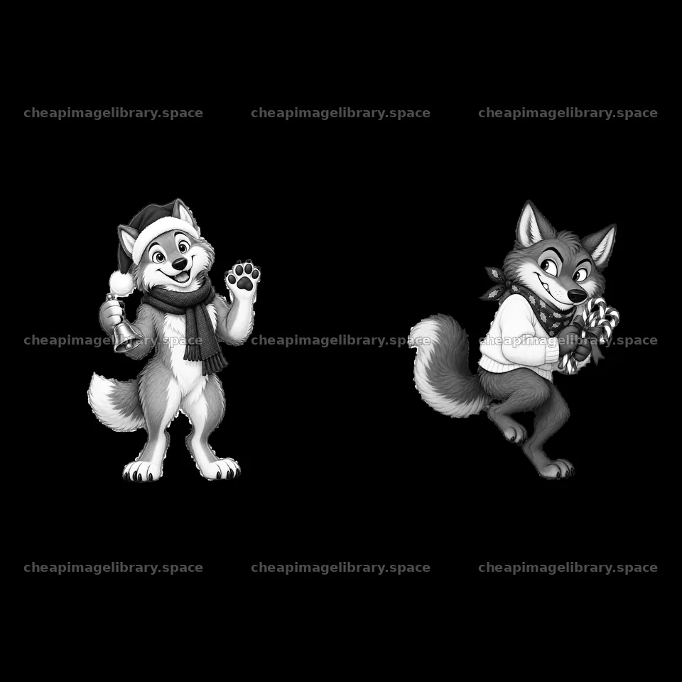 Christmas wolves celebrating with gifts and candy canes – image library 7746x7746
