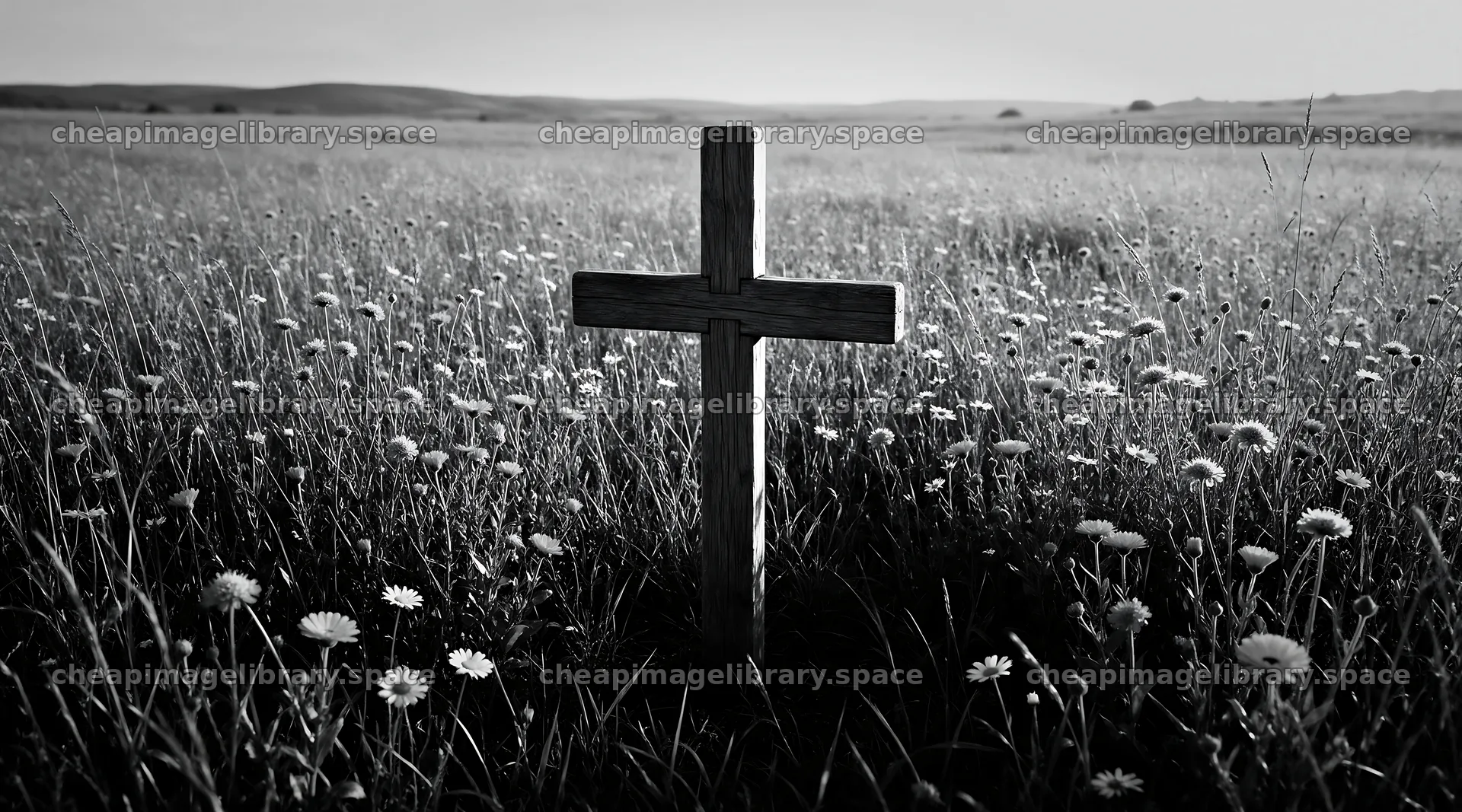 Wooden Christian cross in meadow during sunrise – image library 10648x5916