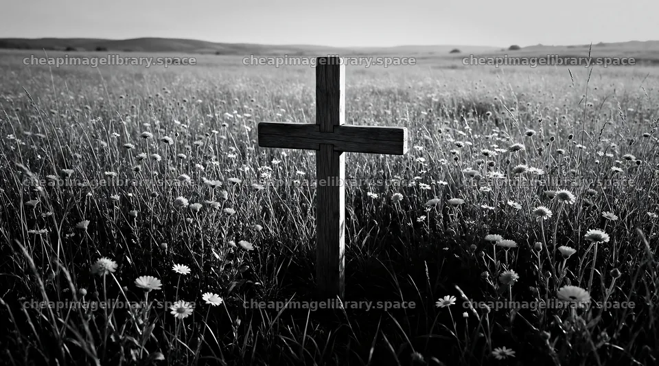 Wooden Christian cross in meadow during sunrise – image library 10648x5916