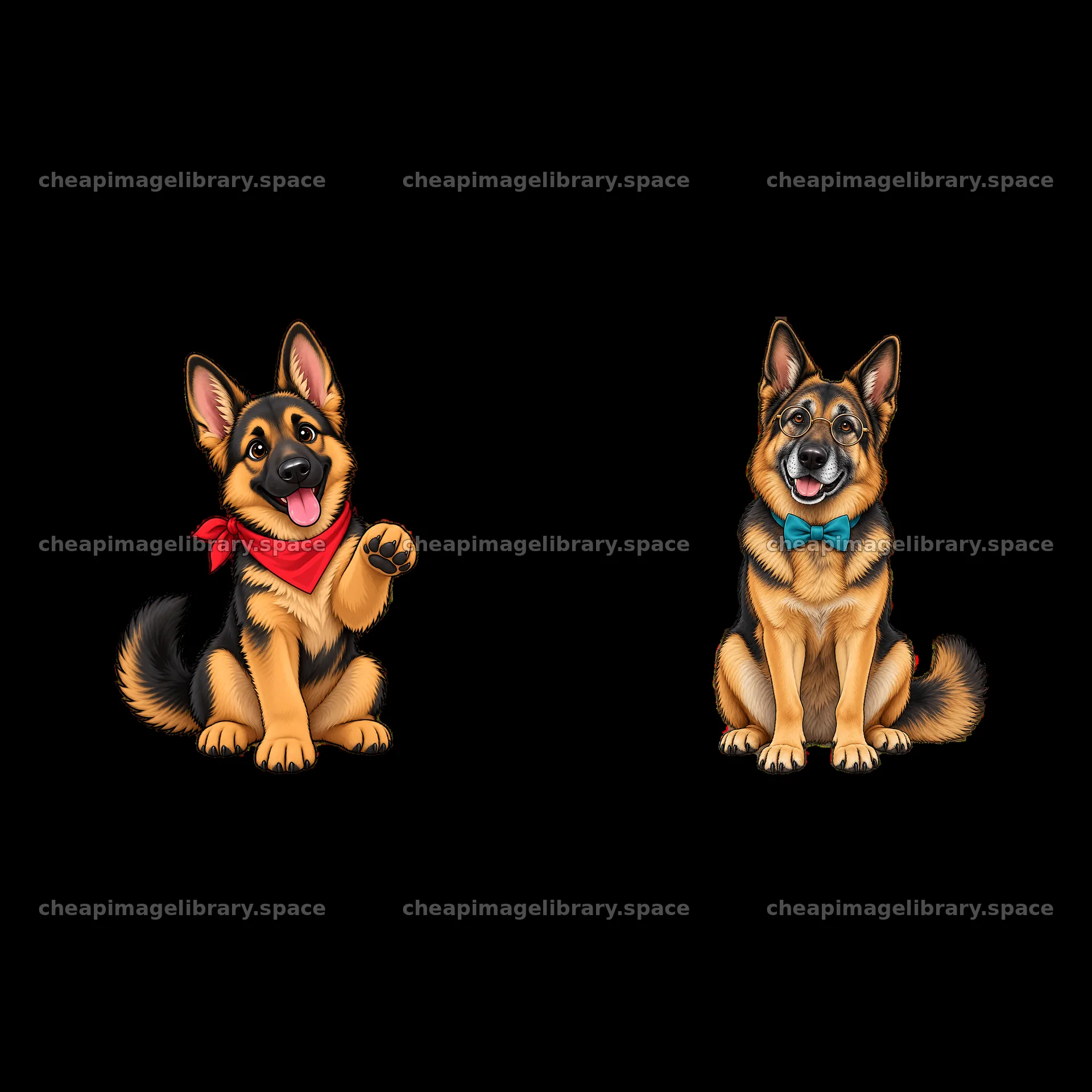 Two cartoon German Shepherd dogs in playful poses – image library 7746x7746