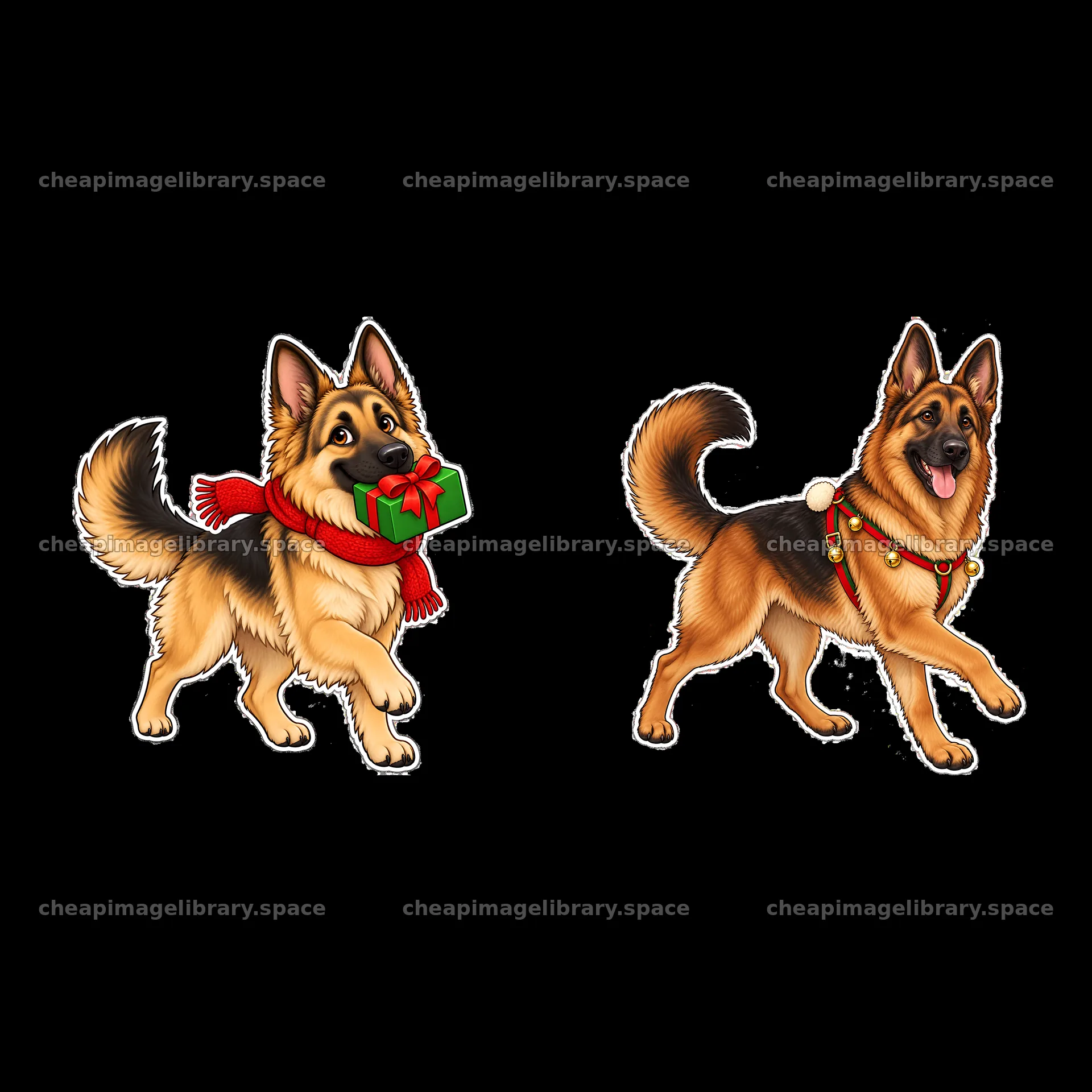 Christmas German Shepherds with gift and festive collar – image library 7746x7746