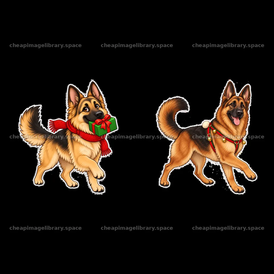 Christmas German Shepherds with gift and festive collar – image library 7746x7746