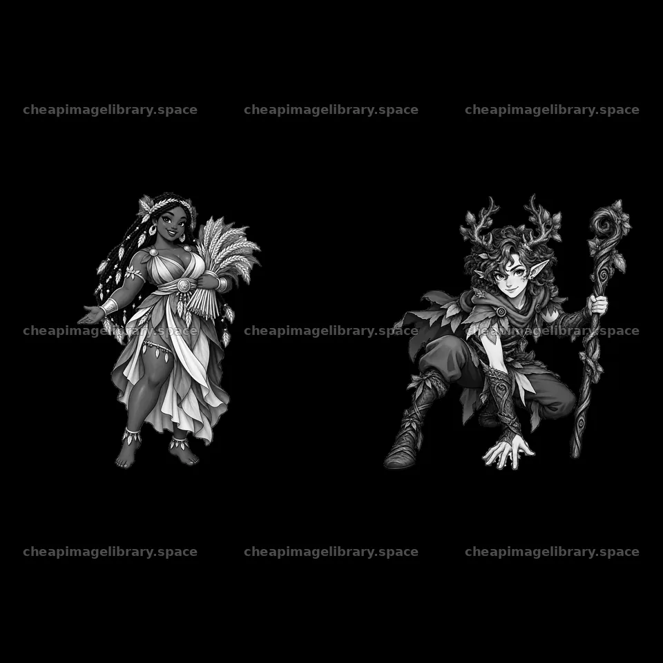 Pagan gods illustrated as a woman with plants and a man with staff – image library 7746x7746