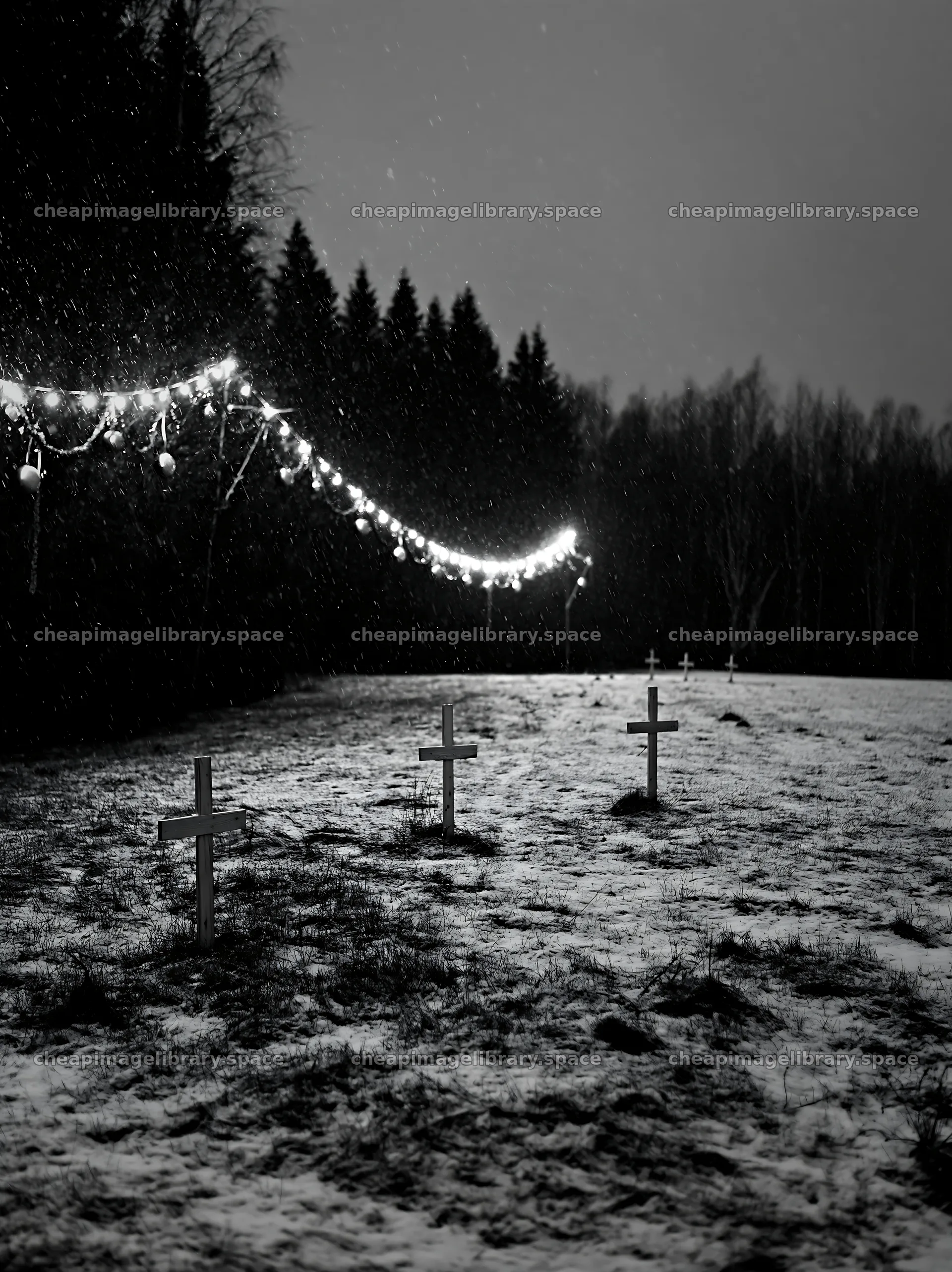 Multiple Christian crosses in snowy meadow at night – image library 6866x9174