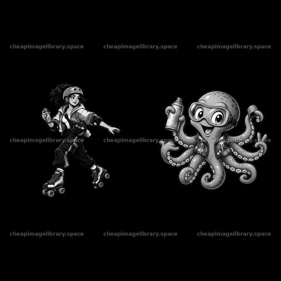 Graffiti sprayer girl skating with a playful octopus holding spray – image library 7746x7746