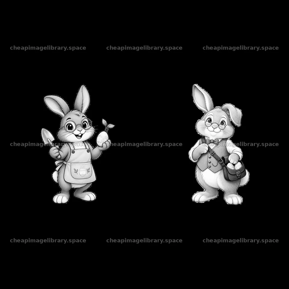 Easter bunnies carrying tools and treats in a spring setting – image library 7746x7746