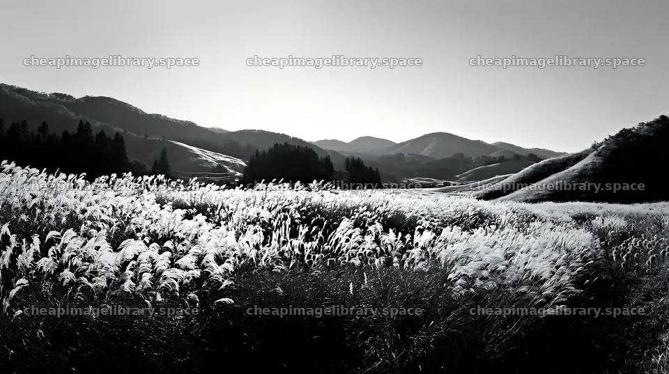 Akita snowmelt meadow with silver grasses in black and white – image library 10608x5938