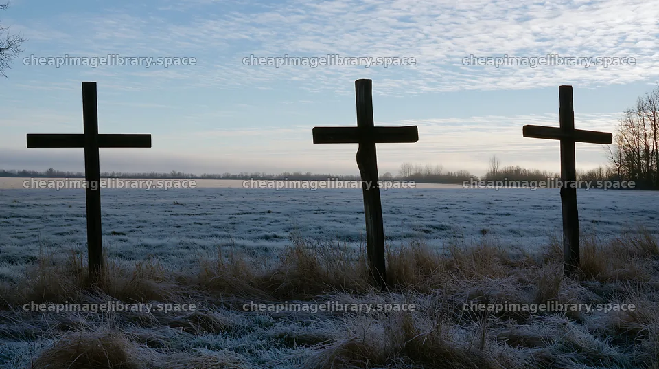 Rustic crosses stand in winter meadow at dawn – image library 10608x5938