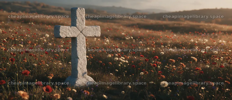 Christian cross in an autumn meadow with natural light – image library 12094x5210